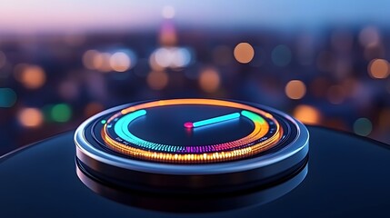 Futuristic circular gauge with vibrant lights, showcasing a city skyline at dusk