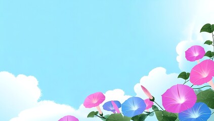 Wall Mural - light blue sky, white clouds, and pink morning glory flowers in the lower right corner of the