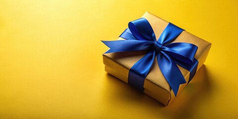 Aufkleber - A luxuriously wrapped golden gift box adorned with a vibrant blue satin ribbon, a symbol of celebratory gifting