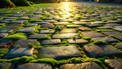 Poster - Golden Hour Illumination on a Mossy Stone Path