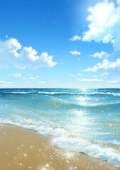 Wall Mural - the beach by the sea, with a clear blue sky and white clouds in the background, sparkling water