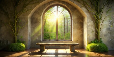 Poster - Serene Interior Featuring a Stone Bench and Sunlit Arch Window Overlooking Lush Greenery
