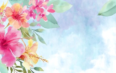 Wall Mural - watercolor floral background, soft pastel color palette, spring flowers, pink and yellow hibiscus,