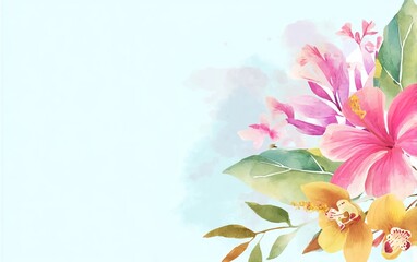 Wall Mural - watercolor floral background with soft pastel colors and clip art, large flowers on the right side