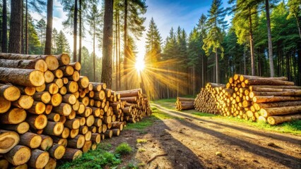 Poster - Golden Hour Lumber in a Verdant Forest Stacks of freshly cut logs bathed in the warm glow of the setting sun, casting long shadows on a dirt road amidst tall, majestic pine trees.
