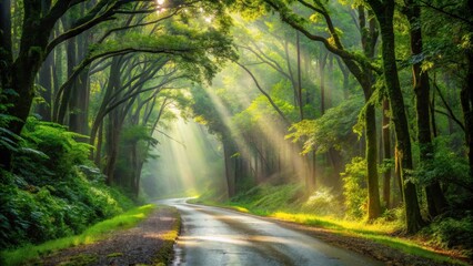 Poster - Sunbeams Illuminate a Serene Forest Road, Creating a Magical Atmosphere of Tranquility and Natural Beauty
