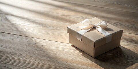 Aufkleber - A thoughtfully wrapped gift box rests on a rustic wooden surface, bathed in the warm glow of sunlight.