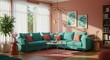 © jervinjerkaeffmason - Sunlit Teal Sectional Sofa in a Peach Living Room with Botanical Prints