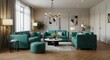 © jervinjerkaeffmason - Teal Leather Living Room with Elegant Accents and Hardwood Flooring