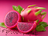 A sliced dragon fruit on a bright pink background