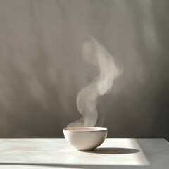 Poster - A comforting scene of warm vapor rising from a bowl, casting a gentle shadow on a textured surface, suggesting soothing moments.
