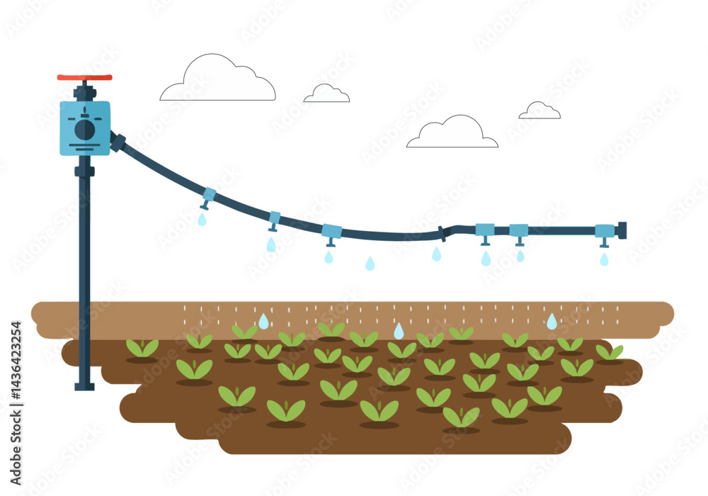 Drip irrigation system waters a field of young plants. Flat vector ...