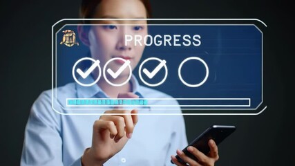 Asian businesswoman interacting with augmented reality progress interface screen
