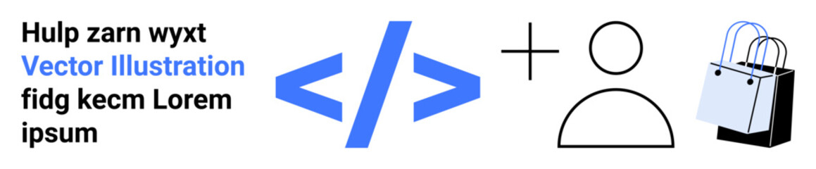 Blue coding angle brackets, user icon, and shopping bags representing programming, users, and e-commerce. Ideal for technology, apps, e-commerce, coding web development marketing and flat landing