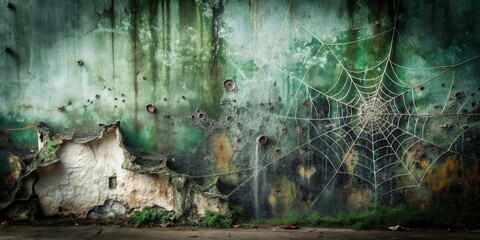 Poster - Decaying Wall with Spiderweb and Bullet Holes A Study in Time and Abandonment