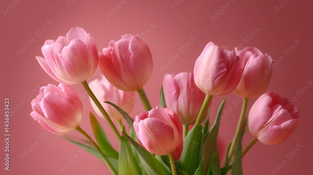 A Collection of Delicate Pink Tulips with Velvety Petals Against a Soft Pink Background