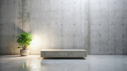 Fototapete - Minimalist Concrete Interior Design Featuring a Low Concrete Bench and Potted Plant