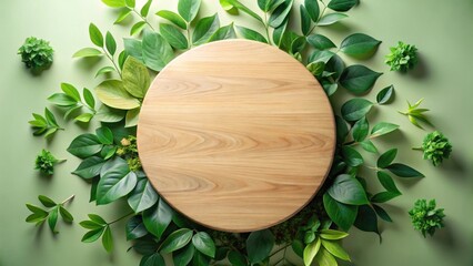 Poster - Circular Wooden Board Surrounded by Lush Greenery on a Pale Green Background A Natural Product Display