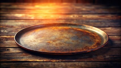 Leinwandbilder - Rustic patina metal serving tray on aged wooden surface with warm light