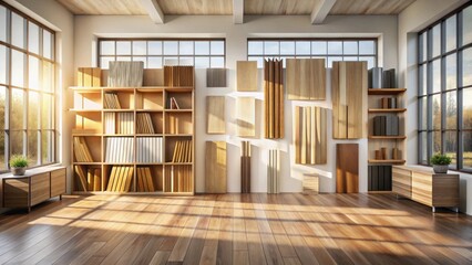 Fototapete - Sunlit Room Featuring Wooden Shelving, Books, and an Array of Wood Samples Displayed on a Wall