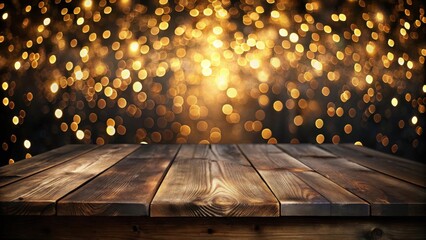 Poster - Rustic Wooden Tabletop with a Golden Bokeh Background, Ideal for Product Displays and Festive Designs