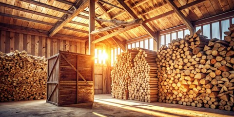 Aufkleber - Sunlit Wooden Barn Interior Filled with Stacked Logs and a Wooden Crate