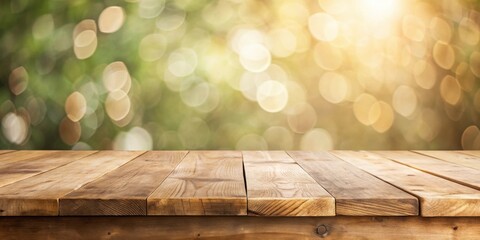 Aufkleber - Rustic Wooden Tabletop Against a Dreamy Blurred Background of Golden Sunlight Filtering Through Lush Foliage