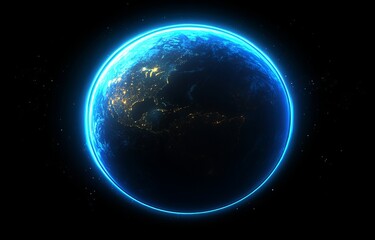 Wall Mural - a radiant blue sphere is covered in a complex digital pattern of lines and dots set against a dark b