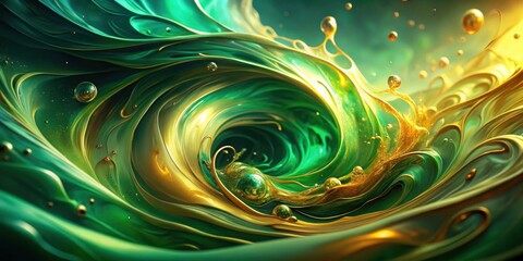 Poster - Abstract swirling vortex of emerald and gold liquid, shimmering with vibrant hues and glistening droplets.