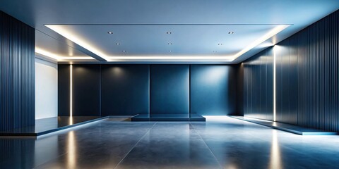Aufkleber - Modern Minimalist Interior Design Sleek Dark Blue Walls, Polished Floor, and Subtle Ambient Lighting Create a Serene and Sophisticated Atmosphere