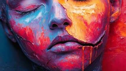Wall Mural - vibrant artistic makeup on a woman's face showcasing a kaleidoscope of bright colors and patterns