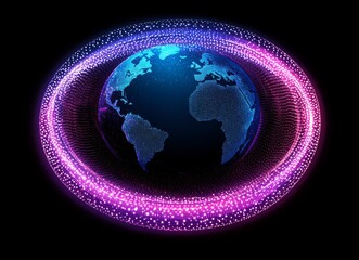 Wall Mural - a radiant orb featuring continents surrounded by dazzling luminescent paths set against a somber bac