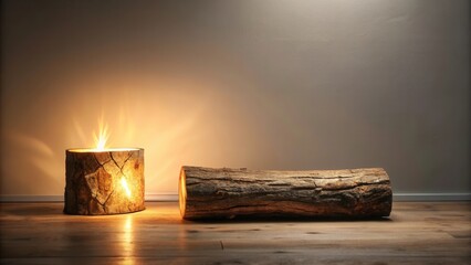 Fototapete - Illuminated Log Lamp and Rustic Wooden Section on Hardwood Floor