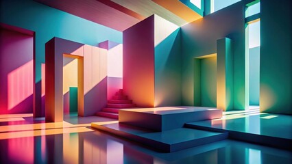 Fototapete - Abstract Colorful Architectural Interior Design with Geometric Shapes and Sunlight Effects