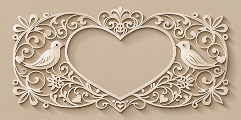 Aufkleber - Elegant Heart-Shaped Frame with Birds and Floral Design, Perfect for Wedding Invitations or Romantic Announcements