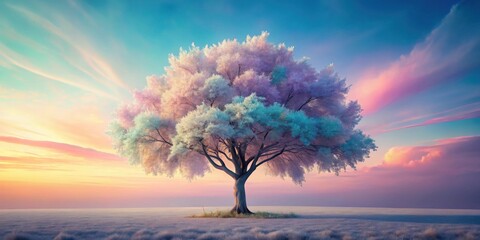 Poster - Serene pastel tree in a dreamy landscape at sunset