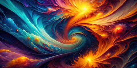 Fototapete - Abstract swirling cosmic nebula, vibrant hues of teal and fiery orange, depicting a celestial dance of energy and light, a mesmerizing visual journey through the cosmos.