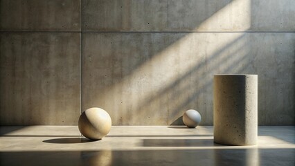 Fototapete - Sunlit Minimalist Concrete Room with Geometric Forms and Textured Walls