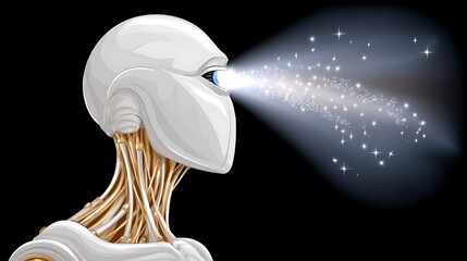 Futuristic robot head emitting light beam, showcasing advanced technology