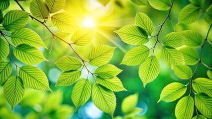Aufkleber - Vibrant Spring Foliage Bathed in Sunlight, Showing Fresh Green Leaves on Branchlets, Nature's Renewal in Vivid Detail