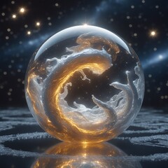 Wall Mural - A crystalline orb in a vast cosmic expanse is a relic and prophecy, surrounded by whirlpools of gold and silver. These whirlpools spiral, creating an otherworldly glow, capturing the essence of creati