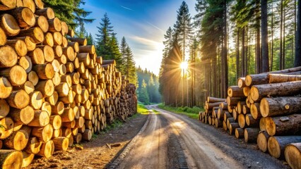 Aufkleber - Golden hour sunlight illuminates a serene forest path flanked by stacks of freshly cut timber logs.