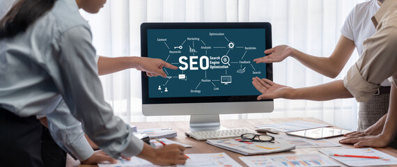 Leinwandbilder - SEO search engine optimization for brisk e-commerce and online retail business showing on computer screen