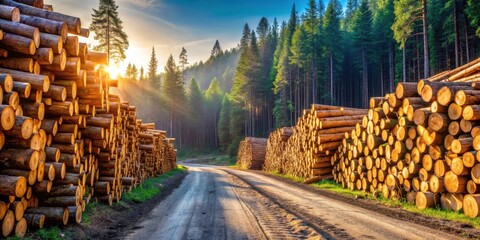 Aufkleber - Sunlit Forest Road Flanked by Stacks of Harvested Timber Logs at Golden Hour