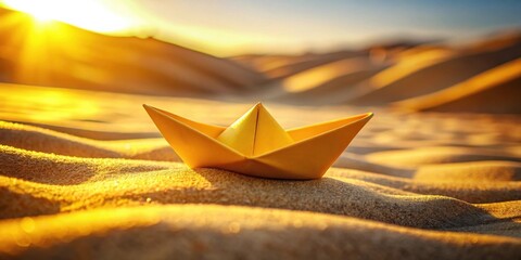 Aufkleber - Golden Hour Origami Boat on Sandy Dunes A Symbol of Hope and Adventure in the Desert Sunset