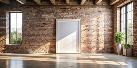 Leinwandbilder - Sunlit Industrial Loft Interior with Blank Frame for Artwork Display