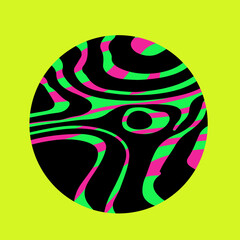 Fototapete - Vector illustration of a black and green circle with wavy, psychedelic lines on a bright yellow background. The abstract pattern creates a vibrant, optical, and retro effect.