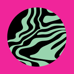 Fototapete - Psychedelic vector illustration with a circular shape featuring wavy green and black patterns on a vibrant pink background, creating a bold, modern, and abstract look.
