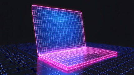 Neon glowing wireframe laptop on grid surface.