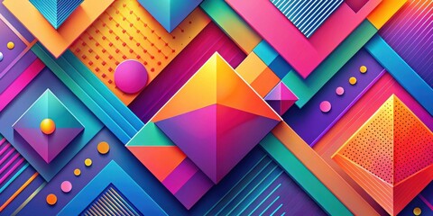 Fototapete - Vibrant Geometric Shapes Intersect in a Colorful Abstract Composition Featuring Pyramids, Squares, and Circles